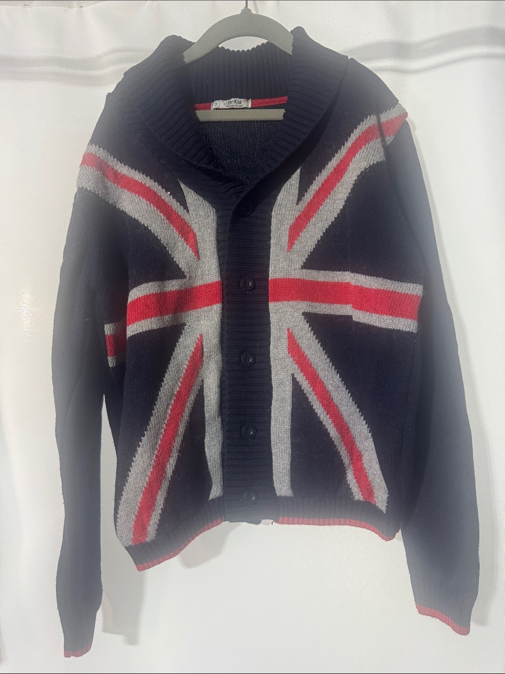 Union Flag Shawl Collar Button-Front Sweater - Black/Red/Gray - Picture 1 of 5